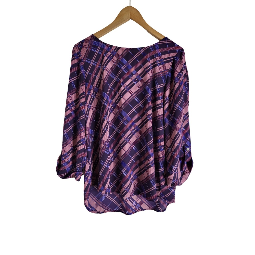 Pixley Purple Pink Plaid Roll Tab Sleeve High Low Blouse Top Size L